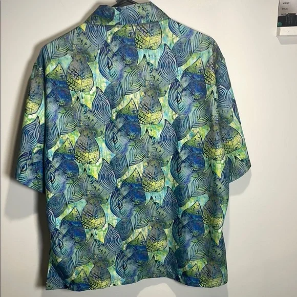 100% Tencel Tropical Hawaiian Shirt Blue Green Button Down Men L - Picture 7 of 9